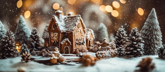 Poster - Festive gingerbread house surrounded by snow-covered trees creating a cozy Christmas atmosphere with warm glowing lights.