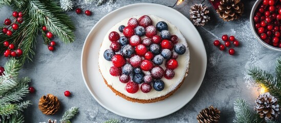 Poster - Festive homemade Christmas cake adorned with fresh berries surrounded by pinecones and seasonal decorations on a textured gray background