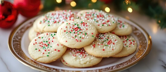 Aufkleber - Festive Plate of Holiday Cookies with Colorful Sprinkles Surrounded by Christmas Decorations and Lights