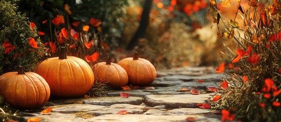 Poster - Autumn pathway lined with vibrant pumpkins amidst colorful foliage in a serene outdoor setting