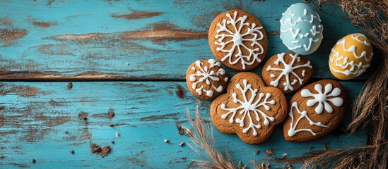 Poster - Homemade gingerbread cookies decorated for Easter on a rustic blue wooden table creating a festive seasonal atmosphere