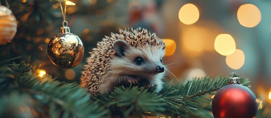 Poster - Adorable hedgehog ornament perched on a Christmas tree surrounded by festive decorations and warm glowing lights.