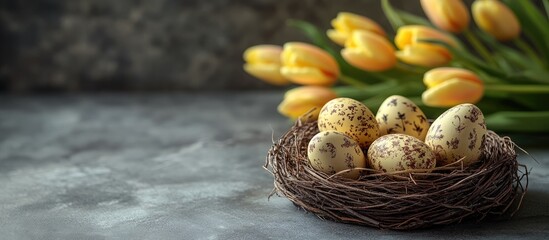 Aufkleber - Easter Celebration Decorative Eggs Nest with Yellow Tulips Background Ideal for Greeting Cards and Seasonal Text Space Available