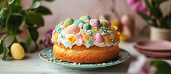 Poster - Colorful homemade Easter cake decorated with pastel eggs and flowers on a festive table with spring decor. Perfect for seasonal celebrations.