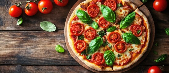 Poster - Delicious homemade Margherita pizza topped with fresh basil and tomatoes on a rustic wooden table with cherry tomatoes nearby.
