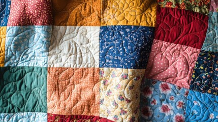 Poster - Colorful Handmade Patchwork Quilt Close-Up Featuring Rustic Folk Patterns and Textures Ideal for Backgrounds and Textile Design Projects