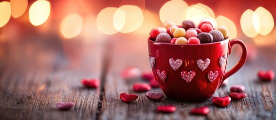 Poster - Festive greeting card design showcasing colorful candies in a heart-adorned red cup on a wooden surface with bokeh lights and space for text