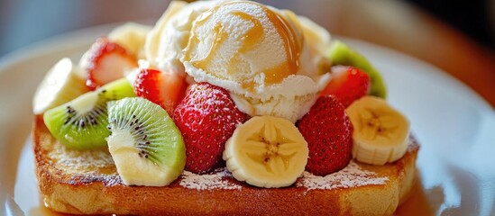 Poster - Honey butter toast with vanilla ice cream and fresh fruit including banana, strawberry, and kiwi served with whipped cream dessert close up