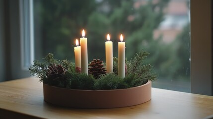 Aufkleber - Handmade advent wreath featuring four lit candles on a wooden table with pinecones and greenery for a cozy holiday atmosphere