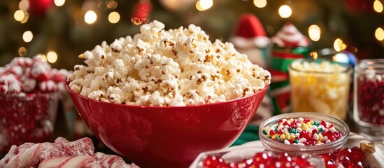 Aufkleber - Festive holiday treats featuring Christmas cookies popcorn and colorful jellies with a blurred tree background for a cozy seasonal vibe