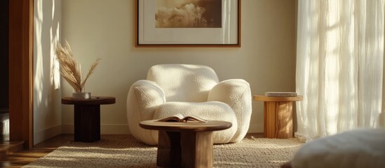 Poster - Elegant cozy living room design with white boucle armchair wooden coffee tables and stylish decor creating a warm inviting atmosphere