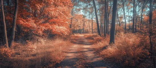 Poster - Serene Autumn Pathway Through Vibrant Forest Landscape in Warm Tones