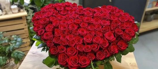 Poster - Heart shaped arrangement of vibrant red roses symbolizing love and romance in a beautiful floral display.