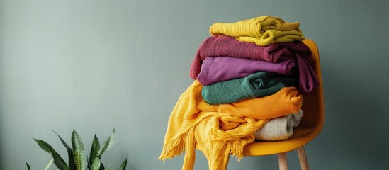 Poster - Stylish chair with vibrant folded clothes against a soft gray wall highlighting trendy casual fashion and modern home decor