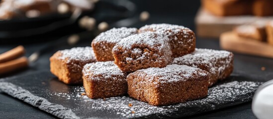 Poster - Homemade gingerbread pieces dusted with powdered sugar presented on a rustic black slate dish in stylish kitchen setting