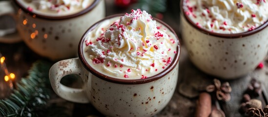 Poster - Festive Homemade Sweet White Hot Chocolate with Whipped Cream and Peppermint Sprinkles in Cozy Holiday Setting