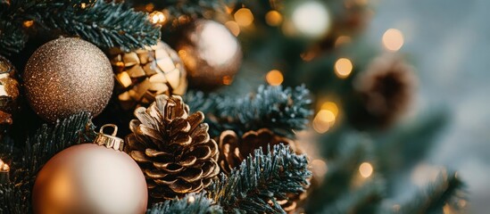 Aufkleber - festive christmas tree decorations with ornaments and pinecones in warm golden tones and soft bokeh lighting for holiday postcard design