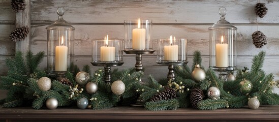 Aufkleber - Elegant candle display on glass candlesticks adorned with pine branches and festive decorations creating a cozy holiday atmosphere