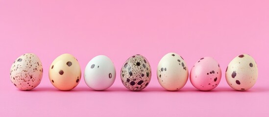 Aufkleber - Easter quail eggs arranged in a row on a soft pastel pink backdrop showcasing seasonal colors and patterns for holiday celebrations