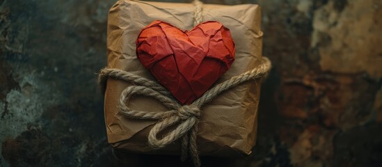 Poster - Heart shaped gift wrapped in brown paper with rope bow set against a textured backdrop symbolizing love and surprise concept.