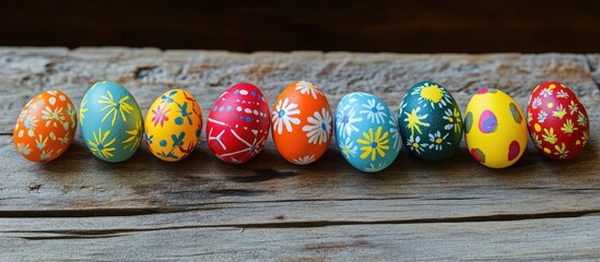 Poster - Colorful decorated Easter eggs arranged on a rustic wooden background for a festive holiday celebration and greeting card design.
