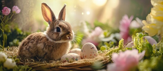 Poster - Easter bunny sitting in a nest with colorful eggs surrounded by spring flowers in a natural setting