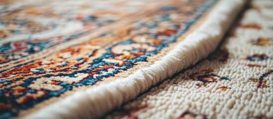 Poster - Handmade Turkish carpet featuring intricate patterns spread on a soft white surface highlighting exquisite textile craftsmanship and artistry
