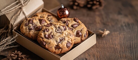 Poster - Homemade chocolate chip cookies in a rustic gift box on a wooden table with holiday decorations and pine cones in the background