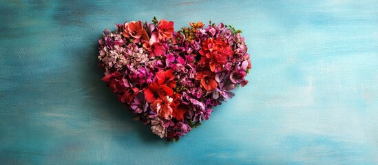 Leinwandbilder - Floral heart shape arrangement with vibrant colors and empty space for text on a soft blue background