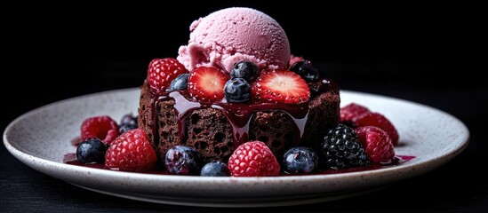 Aufkleber - Decadent chocolate cake dessert garnished with fresh berries and a scoop of ice cream on a minimalistic plate against a dark backdrop