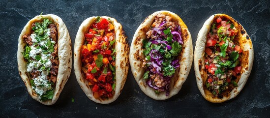 Aufkleber - Colorful assortment of pitas filled with fresh ingredients arranged on a dark background showcasing vibrant flavors and textures