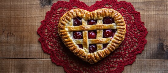 Aufkleber - Heart-shaped cherry hand pie displayed on a red doily against a rustic wooden background for a charming dessert presentation.