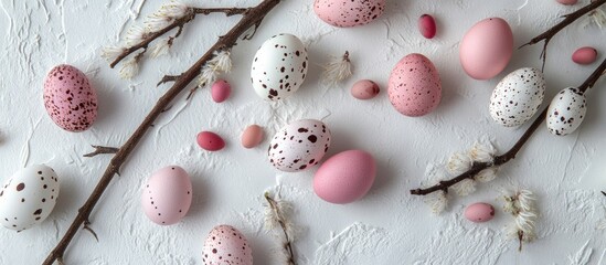 Poster - Easter holiday celebration backdrop with pink and white quail eggs and catkins on textured white surface viewed from above