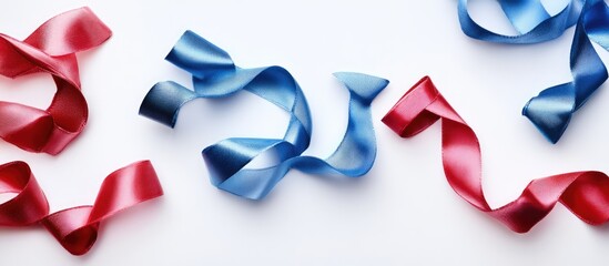 Poster - Festive red and blue ribbons elegantly arranged on a white background for holiday or celebration themed designs and decorations.