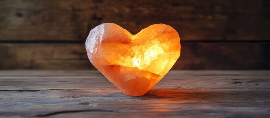 Poster - Heart shaped Himalayan salt lamp glowing warmly on rustic wooden surface for wellness and decorative ambiance.