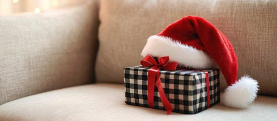 Aufkleber - Festive red Santa hat rests on a black checkered gift box with red ribbon on a cream sofa highlighting minimalism and holiday cheer