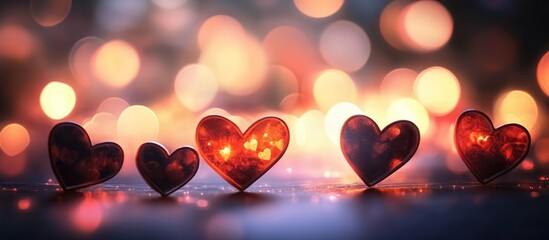 Aufkleber - Bokeh heart shapes in various sizes on a colorful blurred background for romantic or festive themes