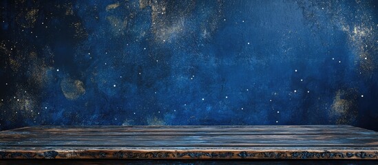 Poster - Dark blue wooden table backdrop with ornate borders and a textured surface for creative photography and design projects.