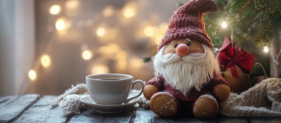 Poster - Cozy holiday scene featuring a gingerbread gnome with garland lights and a cup of hot coffee surrounded by festive decorations