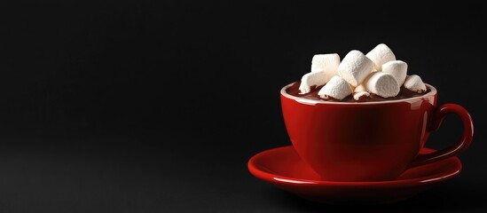 Poster - Cozy red cup of hot chocolate topped with fluffy marshmallows against a dark background perfect for festive winter imagery