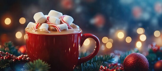 Poster - Festive hot chocolate adorned with marshmallows in a cozy holiday setting with glowing lights and seasonal decorations