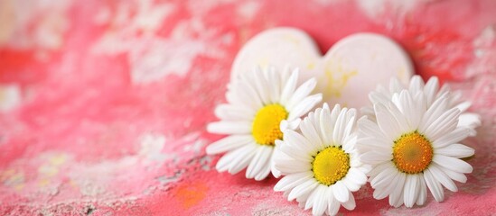 Poster - Pastel pink background with white daisy flowers forming a heart shape ideal for greeting cards or romantic messages with customizable text space