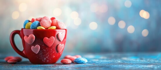 Aufkleber - Colorful candy-filled red cup with hearts against a festive backdrop offering copy space for creative greeting card designs