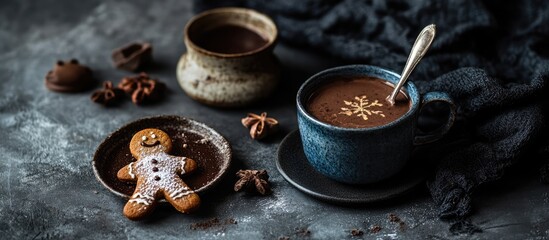 Poster - Cozy winter scene featuring hot chocolate, gingerbread man cookie, and festive spices for a delightful seasonal treat photograph