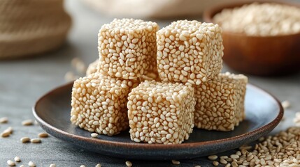 Aufkleber - Sesame candy cubes on a plate showcasing their crispy texture and nutritious appeal in a rustic setting