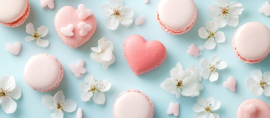 Poster - Heart shaped flowers and pink macaroons on soft blue backdrop creating a romantic atmosphere for celebrations and special occasions