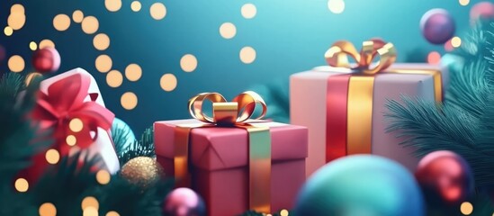 Poster - Festive holiday scene featuring beautifully wrapped gifts surrounded by Christmas ornaments and sparkling bokeh lights for New Year celebrations