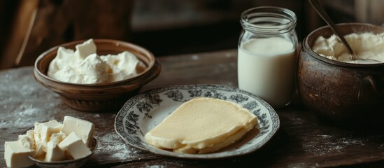 Poster - Retro rustic breakfast scene featuring hot pancakes, milk, and sour cream in a cozy vintage setting with rustic wooden accents.