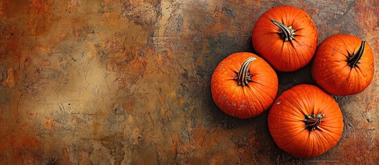 Poster - Thanksgiving Day greeting card with vibrant pumpkins on textured autumn backdrop symbolizing harvest celebration and seasonal warmth