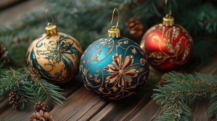 Aufkleber - Handmade Christmas ornaments in blue gold and red with intricate designs surrounded by pine branches on rustic wooden background